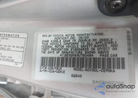 2003 Toyota Camry Le z USA, uszkodzony, nr VIN 4T1BE32K63U760484